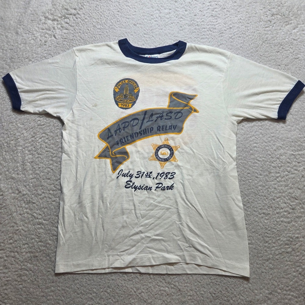 Vintage 80s Hanes T Shirt Mens Medium White Ringer LAPD LASD Burger King Tee